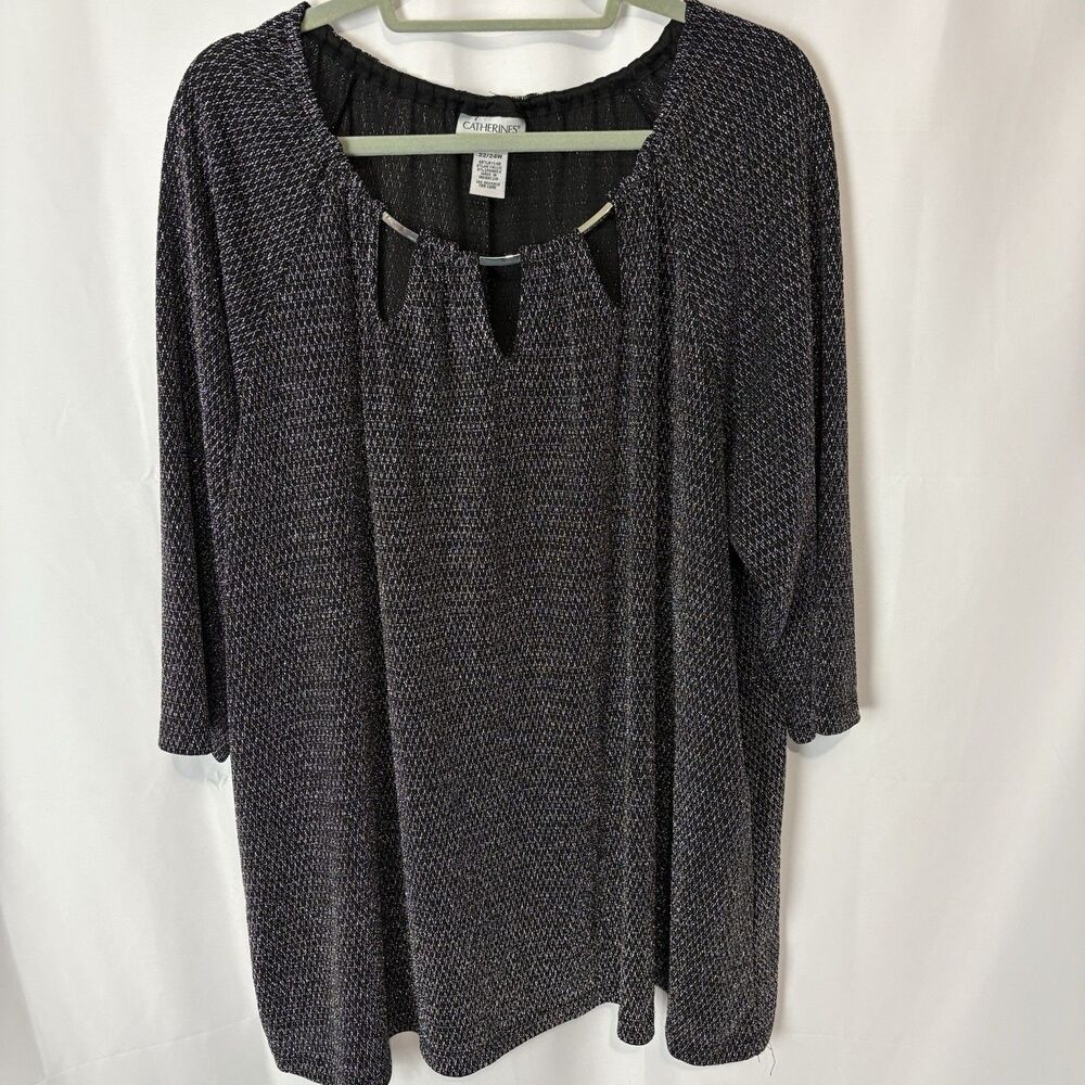 CATHERINES Women's Nylon Metallic Blouse Cutout Black Silver Size 2X 22W 24W